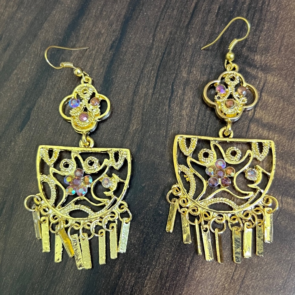 Large Gold Tone Filigree Dangle Earrings with Purple/Orange Stones
